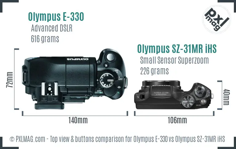 Olympus E-330 vs Olympus SZ-31MR iHS top view buttons comparison