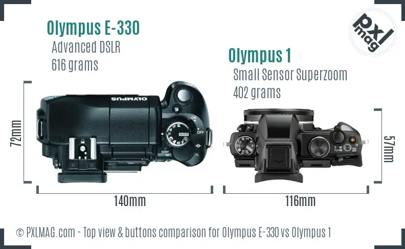 Olympus E-330 vs Olympus 1 top view buttons comparison