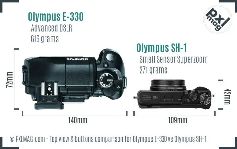 Olympus E-330 vs Olympus SH-1 top view buttons comparison