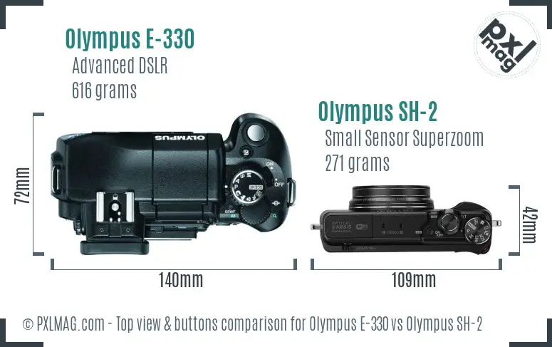 Olympus E-330 vs Olympus SH-2 top view buttons comparison