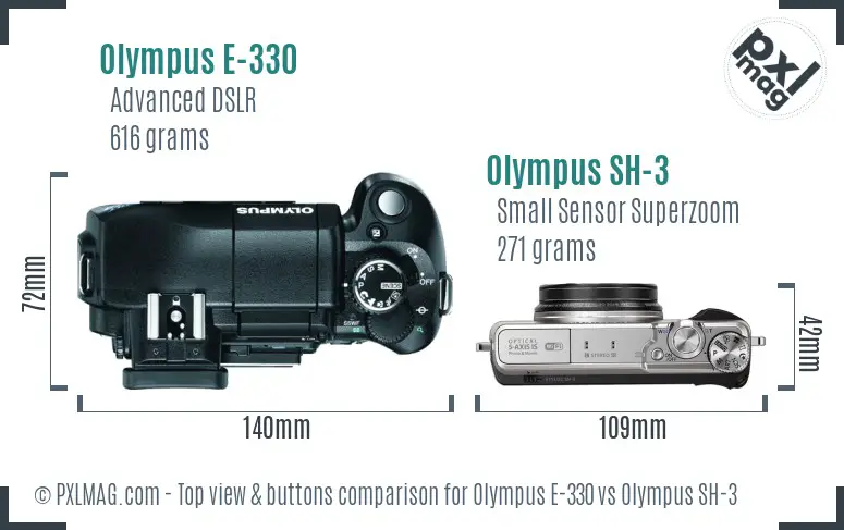 Olympus E-330 vs Olympus SH-3 top view buttons comparison