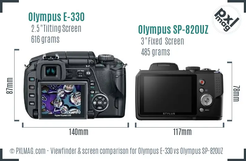Olympus E-330 vs Olympus SP-820UZ Screen and Viewfinder comparison