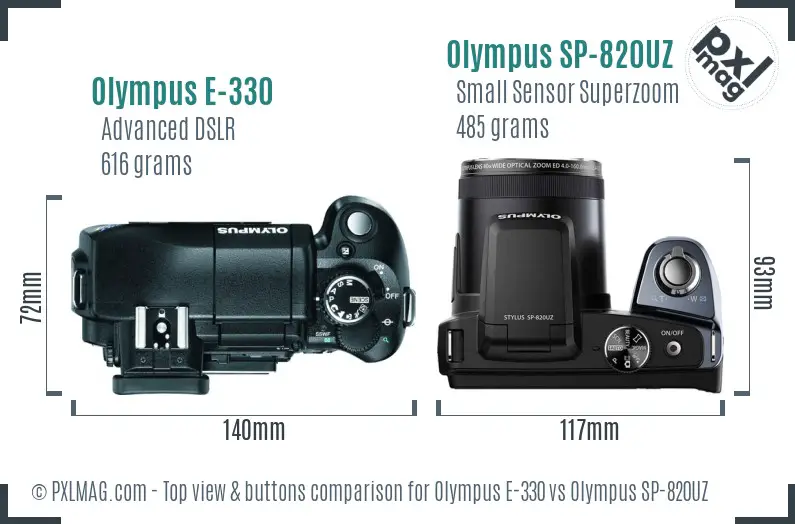 Olympus E-330 vs Olympus SP-820UZ top view buttons comparison
