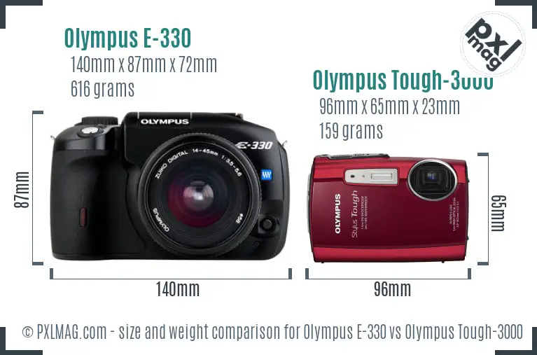 Olympus E-330 vs Olympus Tough-3000 size comparison