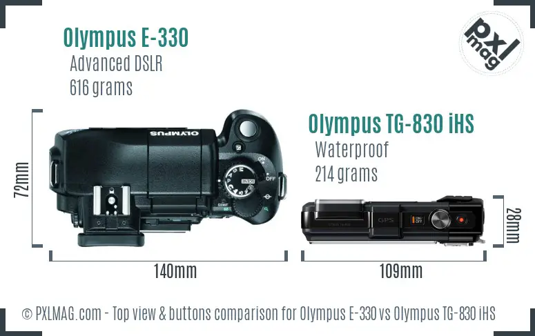 Olympus E-330 vs Olympus TG-830 iHS top view buttons comparison