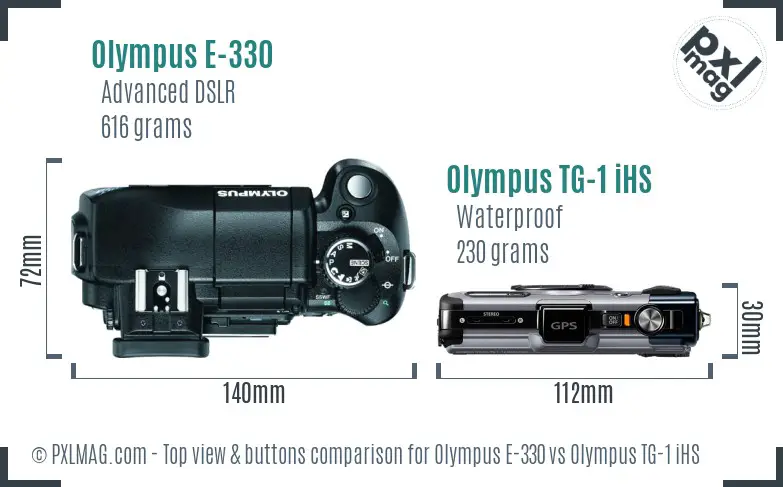 Olympus E-330 vs Olympus TG-1 iHS top view buttons comparison