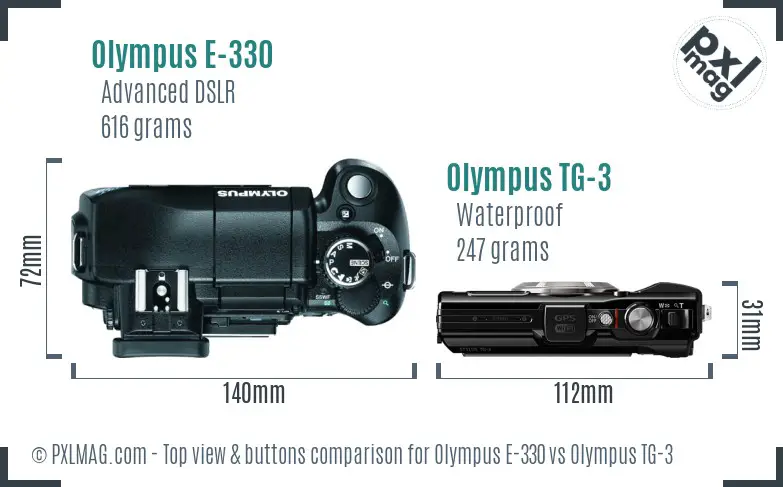 Olympus E-330 vs Olympus TG-3 top view buttons comparison