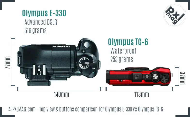 Olympus E-330 vs Olympus TG-6 top view buttons comparison