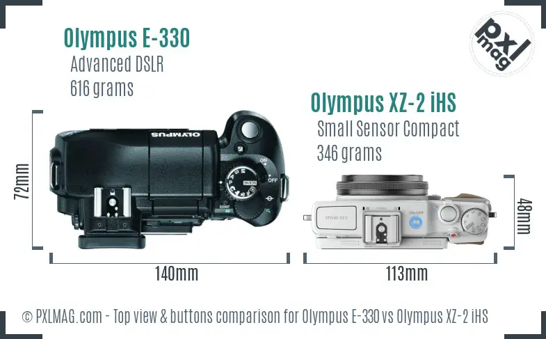Olympus E-330 vs Olympus XZ-2 iHS top view buttons comparison