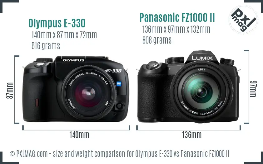 Olympus E-330 vs Panasonic FZ1000 II size comparison