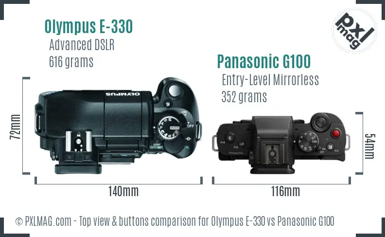 Olympus E-330 vs Panasonic G100 top view buttons comparison