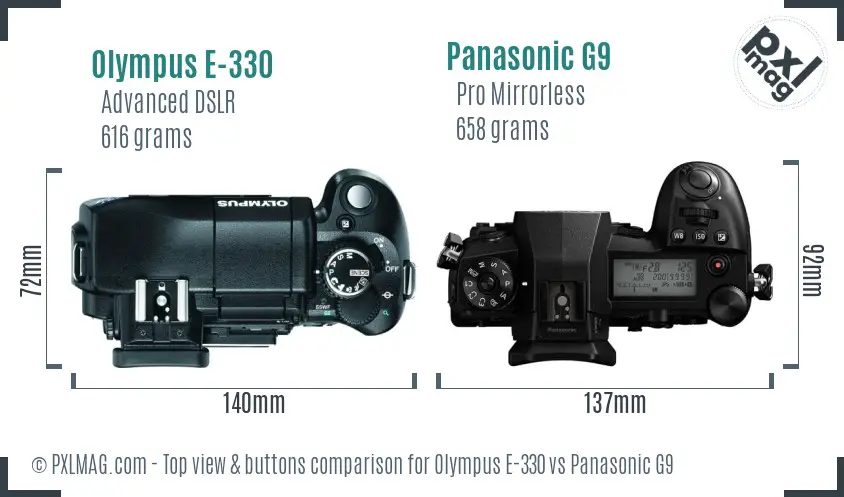 Olympus E-330 vs Panasonic G9 top view buttons comparison