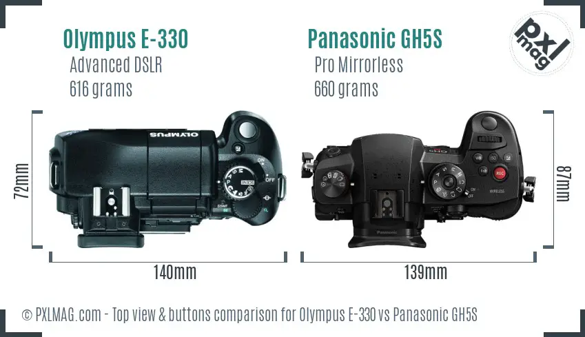 Olympus E-330 vs Panasonic GH5S top view buttons comparison