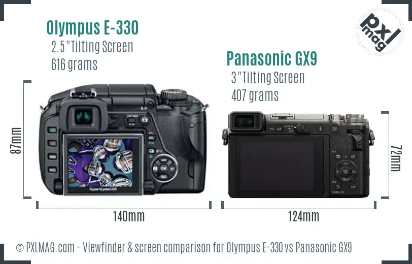 Olympus E-330 vs Panasonic GX9 Screen and Viewfinder comparison