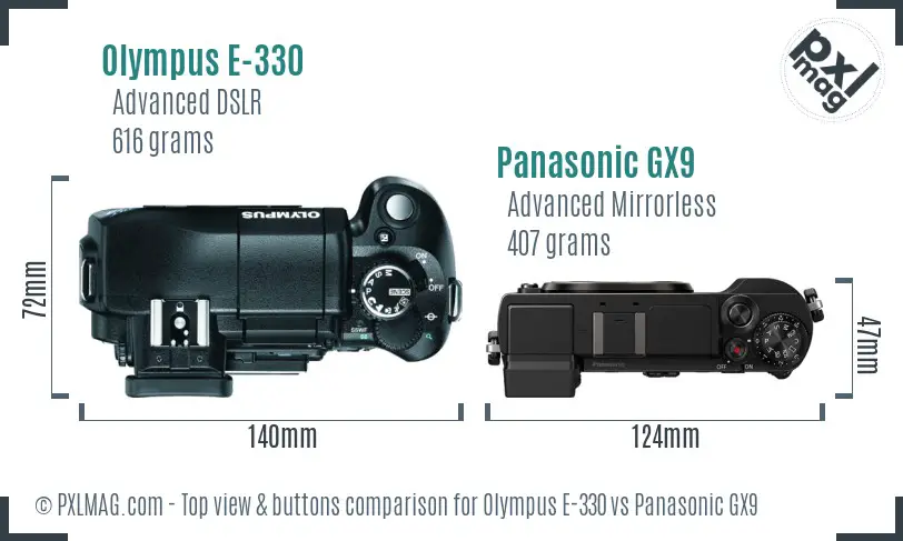 Olympus E-330 vs Panasonic GX9 top view buttons comparison