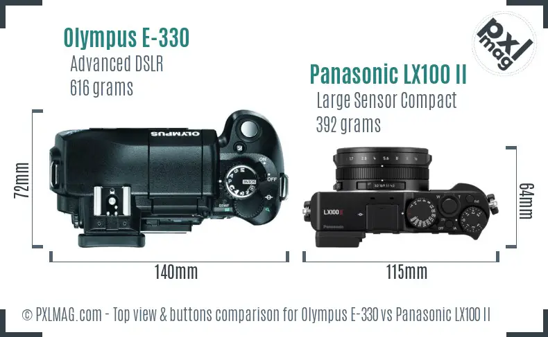 Olympus E-330 vs Panasonic LX100 II top view buttons comparison