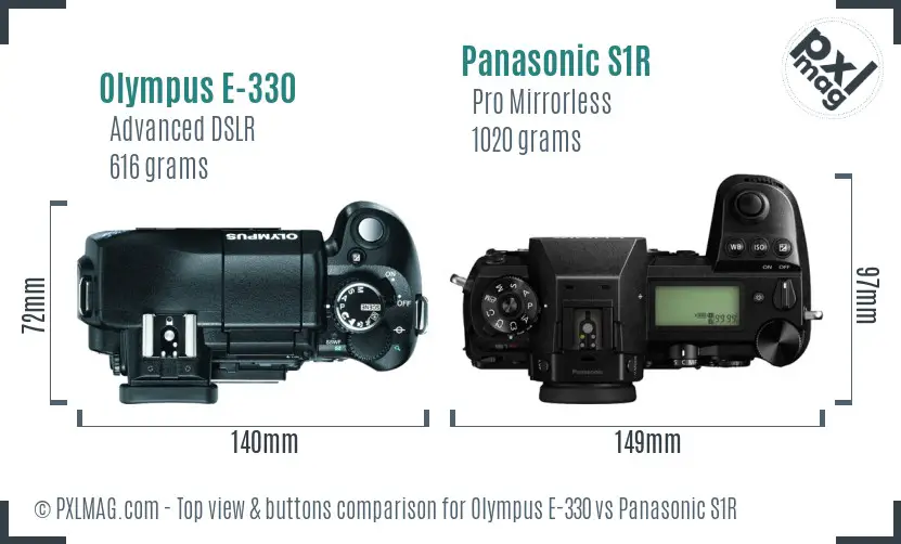 Olympus E-330 vs Panasonic S1R top view buttons comparison