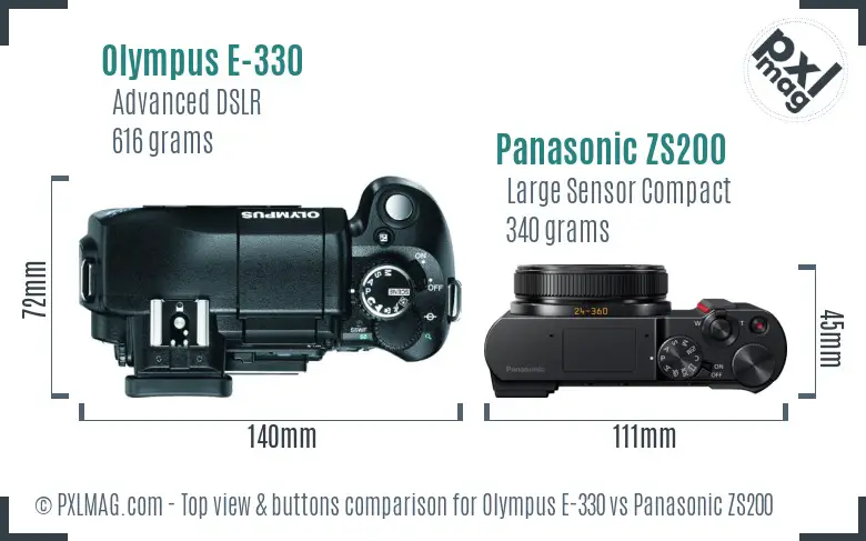 Olympus E-330 vs Panasonic ZS200 top view buttons comparison