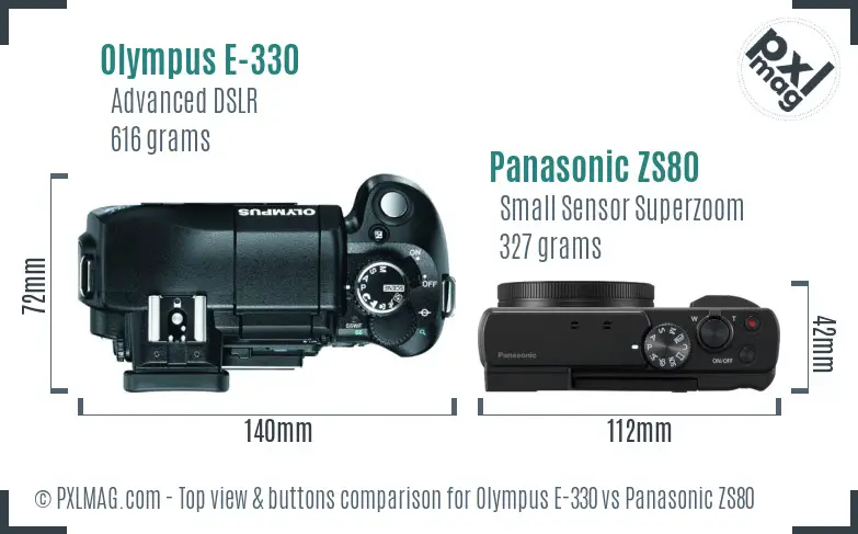 Olympus E-330 vs Panasonic ZS80 top view buttons comparison