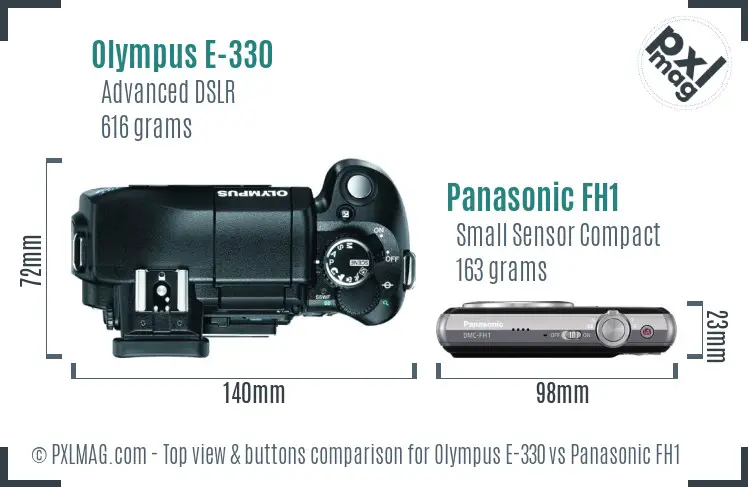 Olympus E-330 vs Panasonic FH1 top view buttons comparison