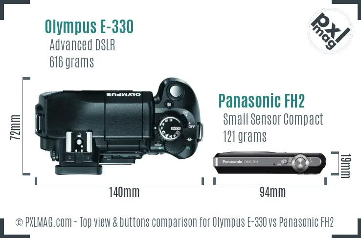 Olympus E-330 vs Panasonic FH2 top view buttons comparison