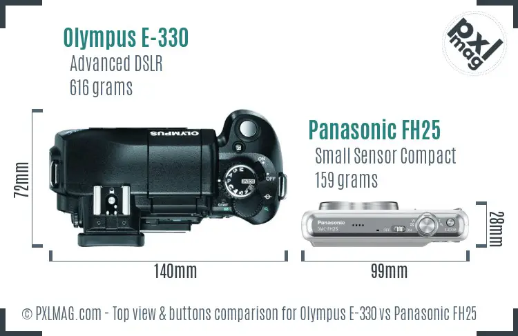 Olympus E-330 vs Panasonic FH25 top view buttons comparison