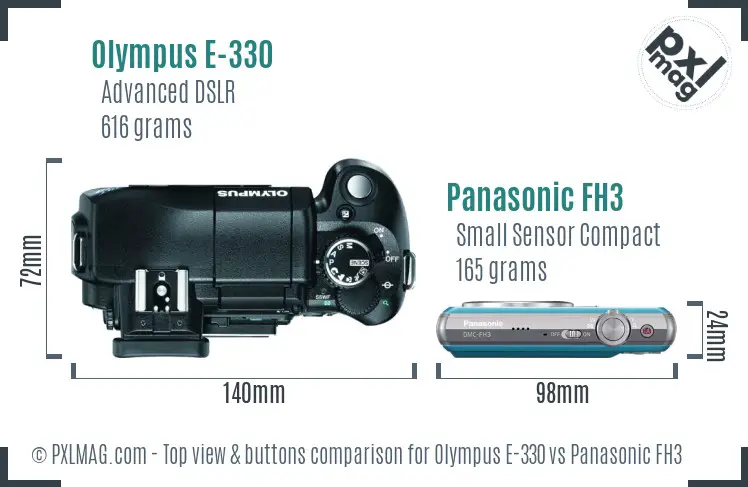 Olympus E-330 vs Panasonic FH3 top view buttons comparison