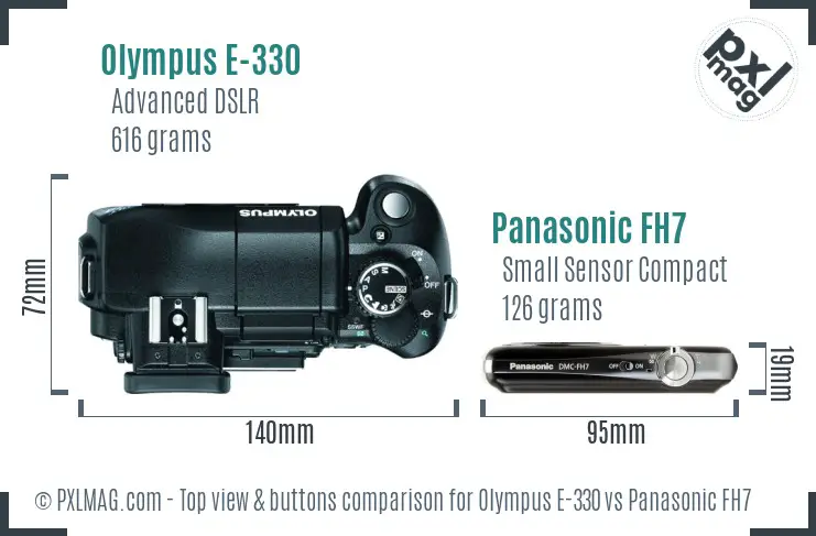 Olympus E-330 vs Panasonic FH7 top view buttons comparison