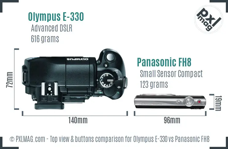 Olympus E-330 vs Panasonic FH8 top view buttons comparison