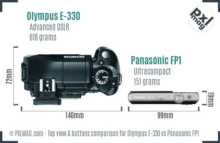 Olympus E-330 vs Panasonic FP1 top view buttons comparison