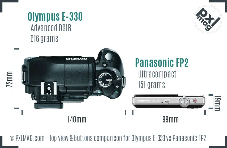Olympus E-330 vs Panasonic FP2 top view buttons comparison
