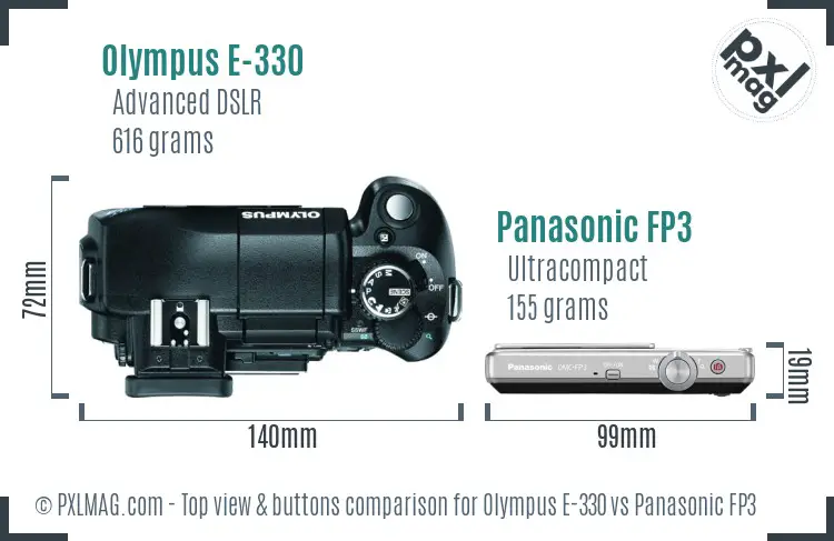 Olympus E-330 vs Panasonic FP3 top view buttons comparison