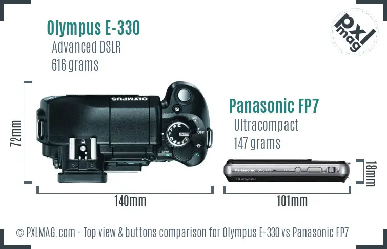 Olympus E-330 vs Panasonic FP7 top view buttons comparison