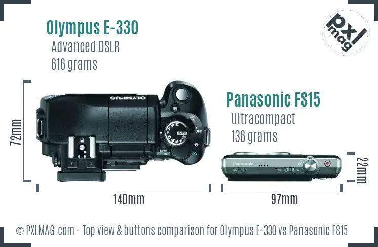 Olympus E-330 vs Panasonic FS15 top view buttons comparison