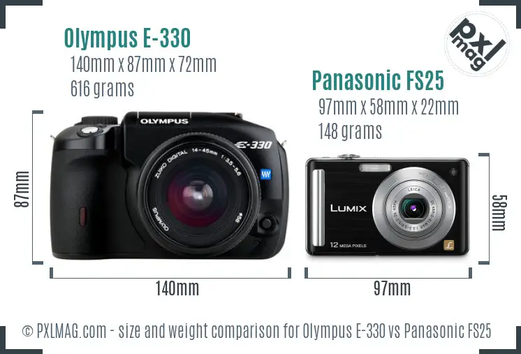 Olympus E-330 vs Panasonic FS25 size comparison