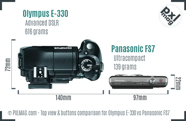 Olympus E-330 vs Panasonic FS7 top view buttons comparison