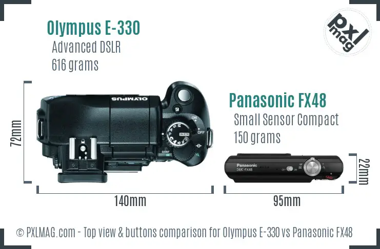 Olympus E-330 vs Panasonic FX48 top view buttons comparison