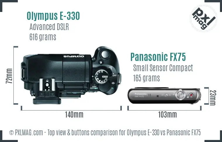 Olympus E-330 vs Panasonic FX75 top view buttons comparison