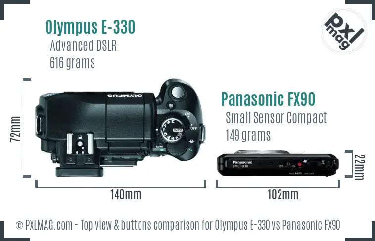 Olympus E-330 vs Panasonic FX90 top view buttons comparison