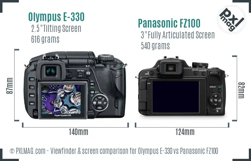 Olympus E-330 vs Panasonic FZ100 Screen and Viewfinder comparison
