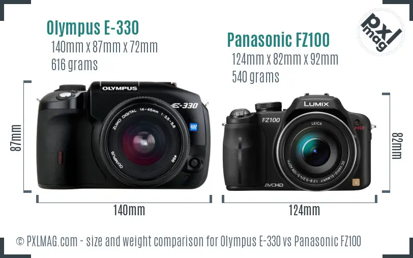 Olympus E-330 vs Panasonic FZ100 size comparison