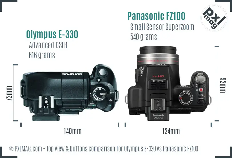 Olympus E-330 vs Panasonic FZ100 top view buttons comparison