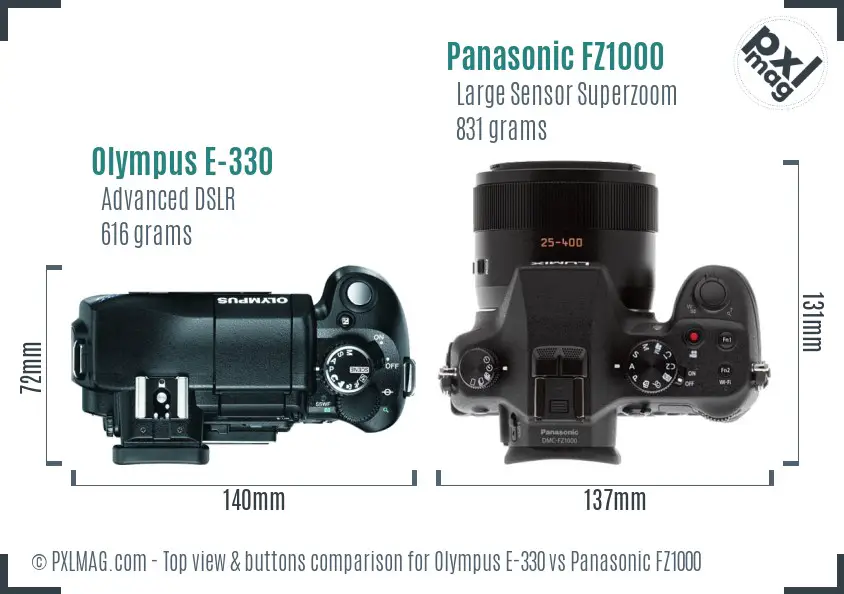 Olympus E-330 vs Panasonic FZ1000 top view buttons comparison