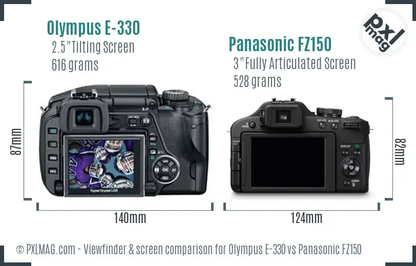 Olympus E-330 vs Panasonic FZ150 Screen and Viewfinder comparison