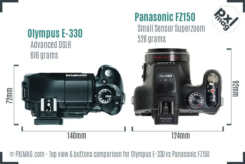 Olympus E-330 vs Panasonic FZ150 top view buttons comparison
