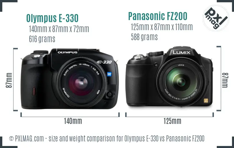 Olympus E-330 vs Panasonic FZ200 size comparison