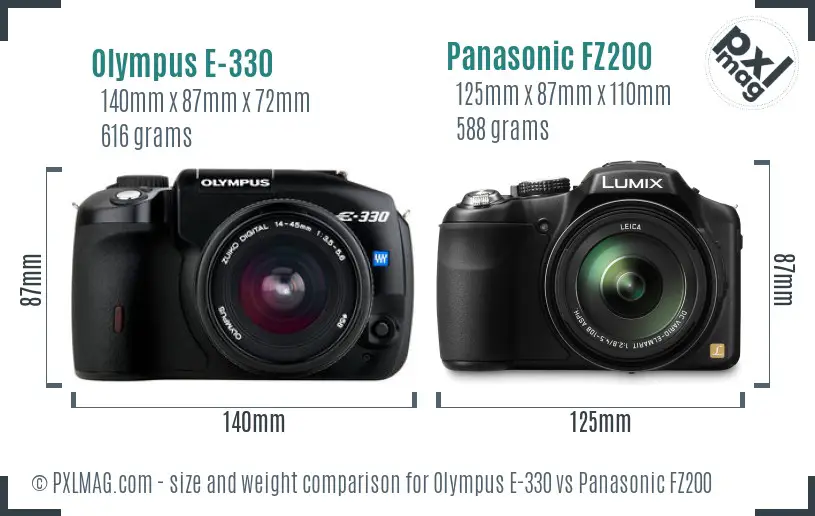 Olympus E-330 vs Panasonic FZ200 size comparison Olympus E-330 vs Panasonic FZ200 size comparison