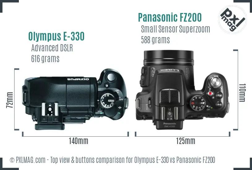 Olympus E-330 vs Panasonic FZ200 top view buttons comparison