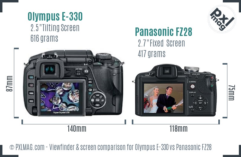 Olympus E-330 vs Panasonic FZ28 Screen and Viewfinder comparison