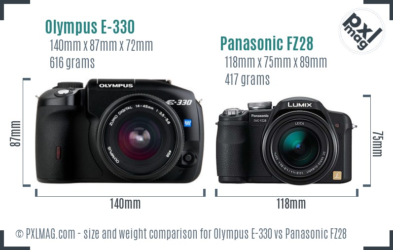 Olympus E-330 vs Panasonic FZ28 size comparison